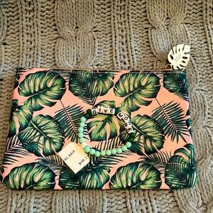 Ipsy Cosmetic Bag Pink and Green Palm Tree Makeup Bag and Child Bracelet Bundle